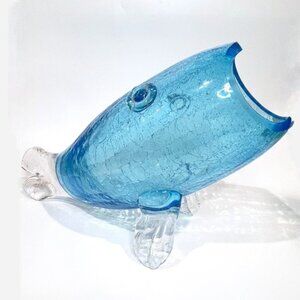 Blenko Blue and Clear Crackle Glass Fish 18" Vintage Blenko Glass Fish